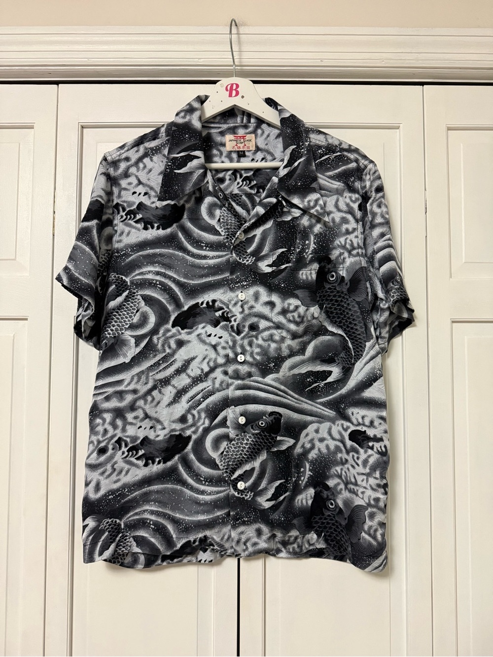 Japanese Clasic Shirt Silk Black & White Ethereal Koi Fish Print Button Up Shirt